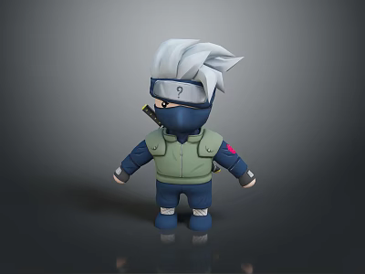 Chibi Ninja Game Character With Silver White Hair Headband Green Vest And Back Sword 3d model