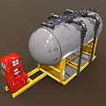Gray Industrial Storage Tank With Black Pipes On Yellow Frame And Red Control Cabinet