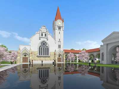 European Style Architecture With Red Spire Gothic Windows Cherry Blossom Pool Reflections And Arcades 3d model