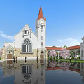 European Style Architecture With Red Spire Gothic Windows Cherry Blossom Pool Reflections And Arcades