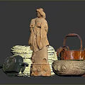 Decorative Sculpture Carving Including Handcrafted Terracotta Statue Woven Basket Colored Pot And Glass Bowl Artifacts