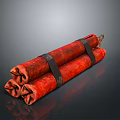 Red Rolled Fabric Clothing Bundle Tied With Black Straps On Dark Surface