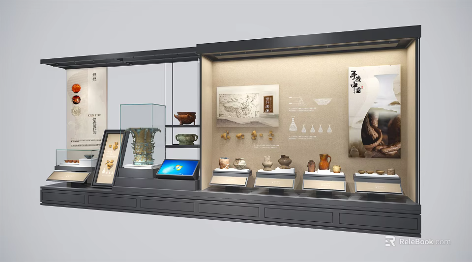Museum Display Shelves With Glass Showcase For Antique Artifacts And Lighting 3d model 