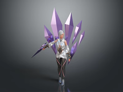 Fantasy Female Character With Silver White Hair Purple Crystal Wings And White Outfit 3d model