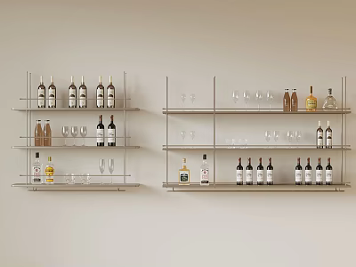 Modern Metal Display Shelves Organized With Wine Bottles Liquor And Glassware 3d model