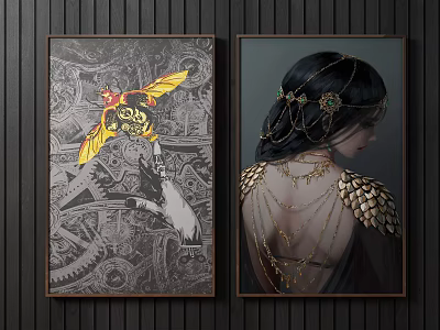 Portrait Paintings Featuring Golden Wings Gear Background And Female Back With Decorative Chains Jeweled Headpiece 3d model