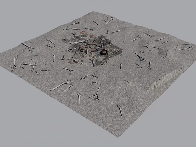 Damaged Building Components With Scattered Reinforced Steel Bars On Gray Square Platform 3d model