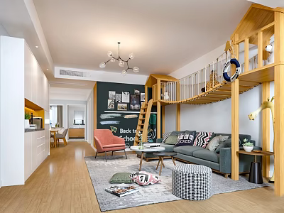 Modern Living Dining Room Interior With Wooden Staircase Grey Sofa Wall Art And Chandelier 3d model