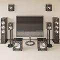 Modern Home Theater TV Setup With Floor Bookshelf Wall Speakers And Subwoofers