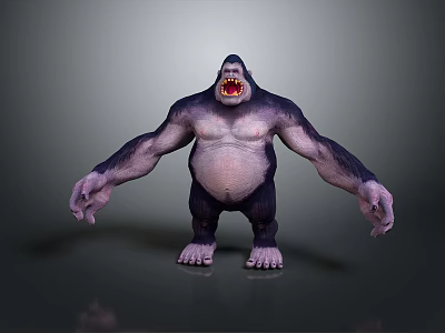 Fierce Gorilla 3D Model Standing Pose With Open Mouth Sharp Teeth Against Gray Background 3d model