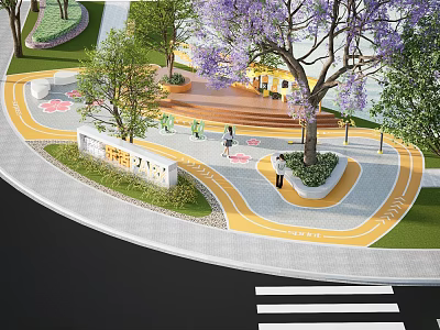 Park Landscape With Yellow Walkway Purple Flower Trees Benches And Colorful Ground Patterns 3d model