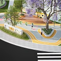 Park Landscape With Yellow Walkway Purple Flower Trees Benches And Colorful Ground Patterns