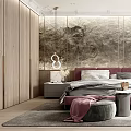 Modern Bedroom Interior With Pink Upholstered Headboard Marble Wall Pendant Lights And Soft Rug