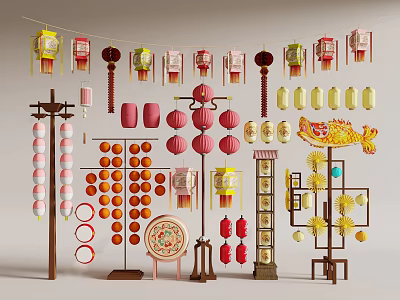 Colorful Decorative Lanterns Arranged With Various Shapes Traditional Patterns And Festive Tassels 3d model