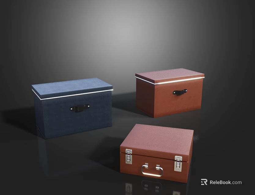 Three Practical Household Storage Boxes In Blue Brown Red With Lids And Metal Latches 3d model 
