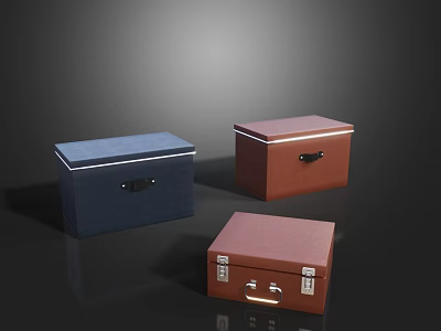 Three Practical Household Storage Boxes In Blue Brown Red With Lids And Metal Latches 3d model