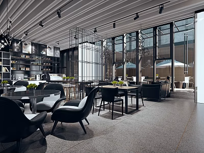 Modern Café Interior Design With Stylish Seating Black Chairs Large Windows And Pendant Lighting 3d model