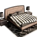 Double Bed With Brown Upholstered Headboard Striped Fur Blanket Wooden Nightstands Gray Table Lamps Patterned Rug