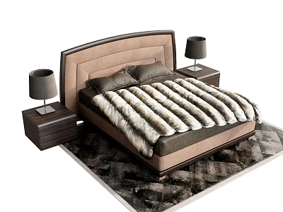 Double Bed With Brown Upholstered Headboard Striped Fur Blanket Wooden Nightstands Gray Table Lamps Patterned Rug 3d model