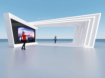 White Archway With Illuminated Light Strips And Large Screen Display In Modern Exhibition Area 3d model