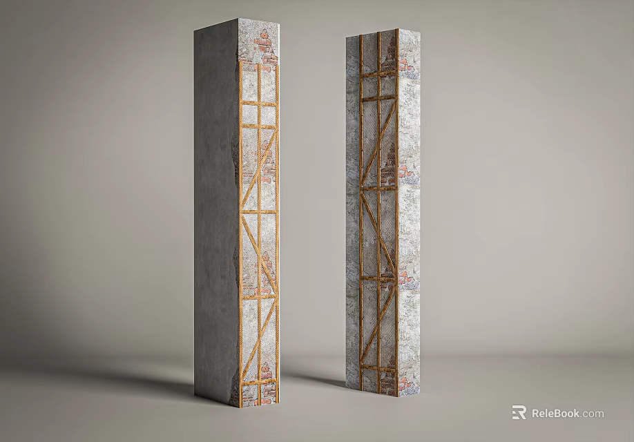 Two Modern Decorative Columns With Textured Concrete And Golden Metal Frames 3d model 