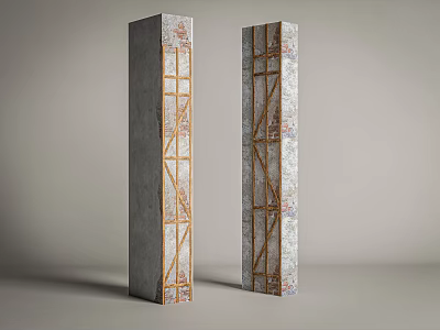Two Modern Decorative Columns With Textured Concrete And Golden Metal Frames 3d model