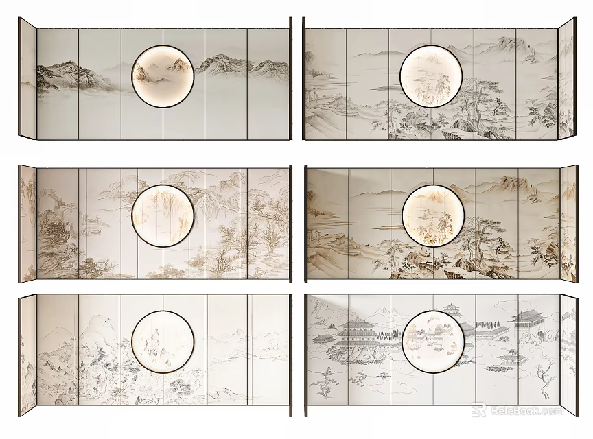 Chinese Style Backdrop Wall With Circular Decor And Landscape Flower Bird Patterns 3d model