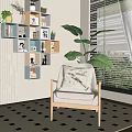 Cozy Modern Leisure Chair Interior With Wall Shelf Green Plant And Checkerboard Floor