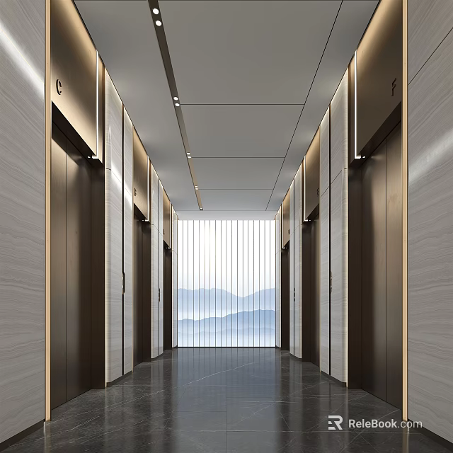 Modern Elevator Hallway With Elevator Doors Ceiling Lights Dark Flooring And Scenic View Through Window 3d model 
