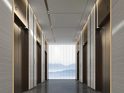 Modern Elevator Hallway With Elevator Doors Ceiling Lights Dark Flooring And Scenic View Through Window 3d model