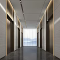 Modern Elevator Hallway With Elevator Doors Ceiling Lights Dark Flooring And Scenic View Through Window