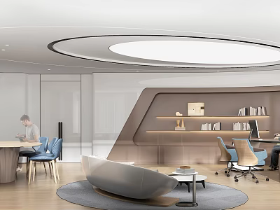 Modern Office Interior With Circular Ceiling Light Open Layout Curved Sofa And Work Desks 3d model