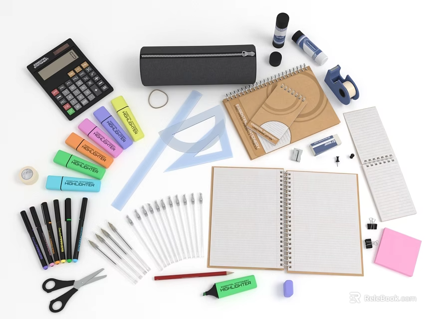 Essential School Stationery Supplies With Calculator Notebook Markers Scissors And Colored Sticky Notes 3d model 