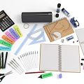 Essential School Stationery Supplies With Calculator Notebook Markers Scissors And Colored Sticky Notes