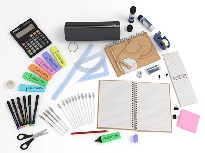 Essential School Stationery Supplies With Calculator Notebook Markers Scissors And Colored Sticky Notes 3d model