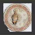 Golden Labrador Dog Sitting On Round Decorative Mat With Intricate Patterns Against Gray Background