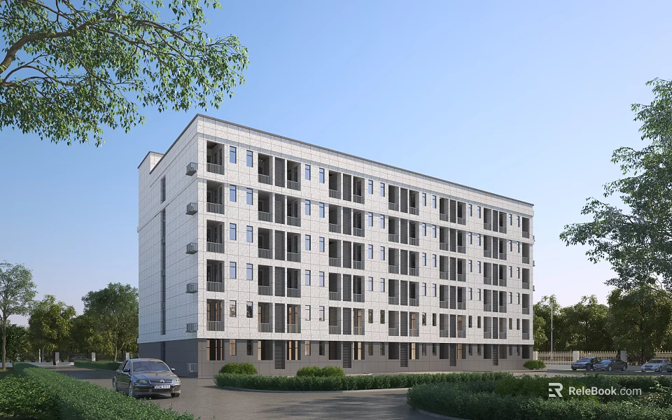 Modern Multistory White School Building With Large Windows Green Trees Lawn Road And Parked Cars 3d model 