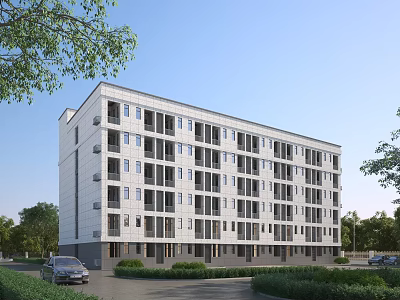 Modern Multistory White School Building With Large Windows Green Trees Lawn Road And Parked Cars 3d model