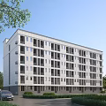 Modern Multistory White School Building With Large Windows Green Trees Lawn Road And Parked Cars