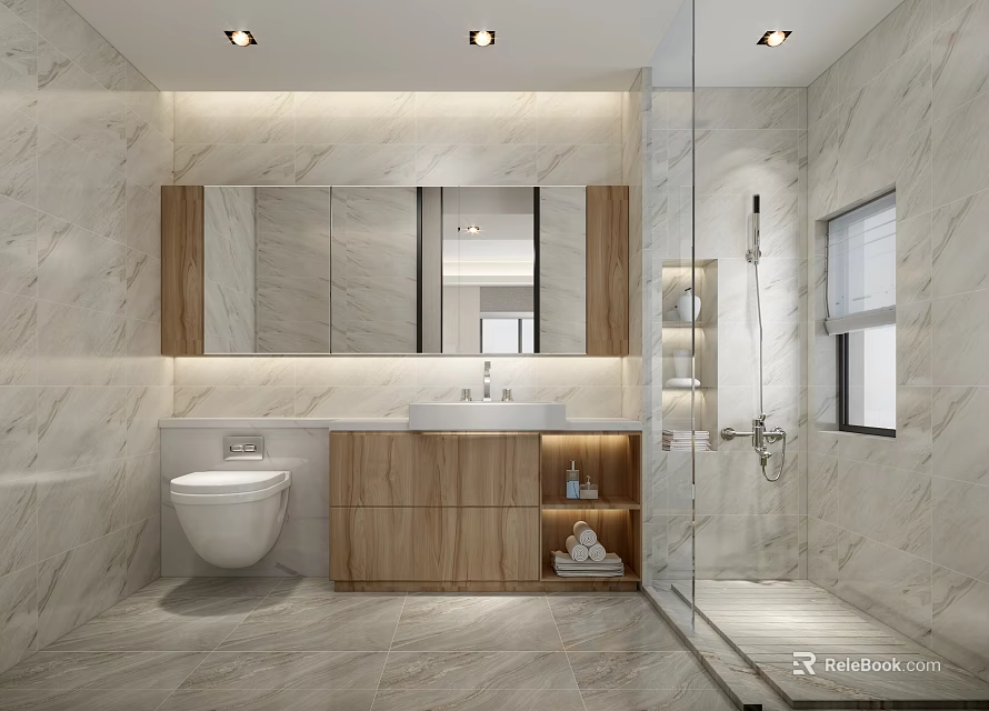 Elegant Bathroom Interior With White Toilet Wooden Vanity Mirror And Marble Walls 3d model 