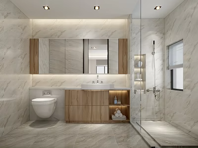 Elegant Bathroom Interior With White Toilet Wooden Vanity Mirror And Marble Walls 3d model