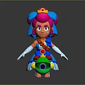 Cartoon Style 3D Model Woman With Pink Hair Blue Accessories And Green Mount