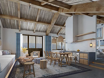 Open Living Dining Room Interior With Wooden Beams Sofa Dining Table Chairs And Pendant Lights 3d model