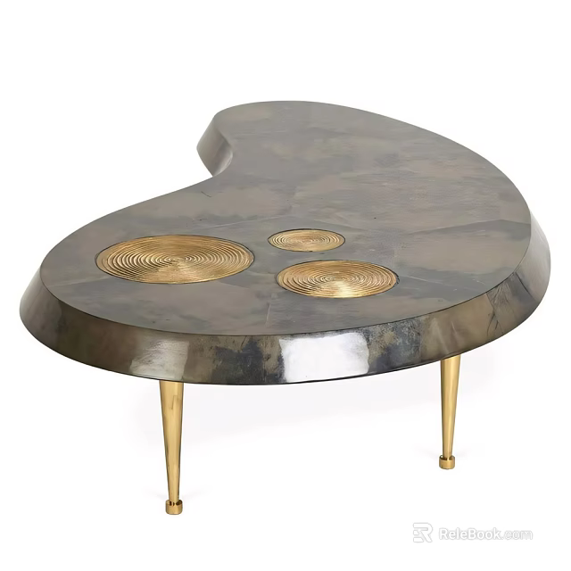 Modern Curved Coffee Table With Gray Top Gold Legs And Circular Accents 3d model 