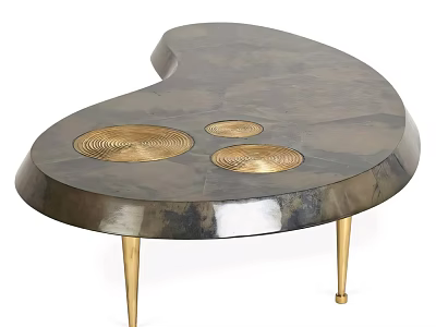 Modern Curved Coffee Table With Gray Top Gold Legs And Circular Accents 3d model