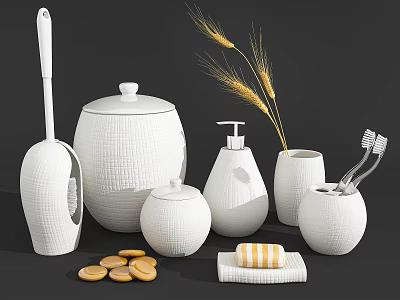 White Textured Bathroom Accessories Set With Soap Dispenser Toothbrush Holder Storage Jars and Wheat Decor 3d model