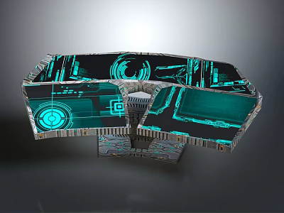 Futuristic Computer Setup With Curved Multi Screen Teal Holographic Interface And Complex Geometric Illuminated Elements 3d model