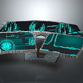 Futuristic Computer Setup With Curved Multi Screen Teal Holographic Interface And Complex Geometric Illuminated Elements 3d model