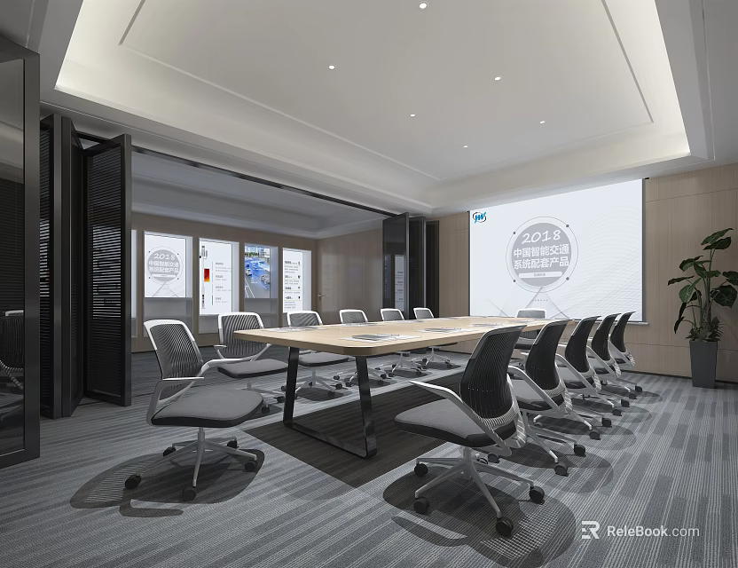 Modern Conference Room Interior With Long Table Chairs Projection Screen And Windows 3d model 