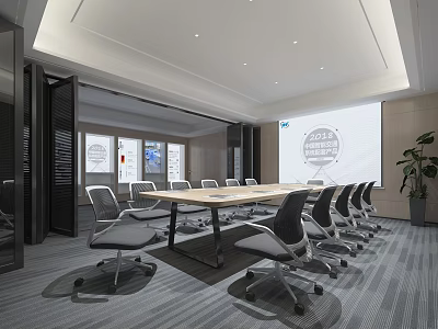 Modern Conference Room Interior With Long Table Chairs Projection Screen And Windows 3d model